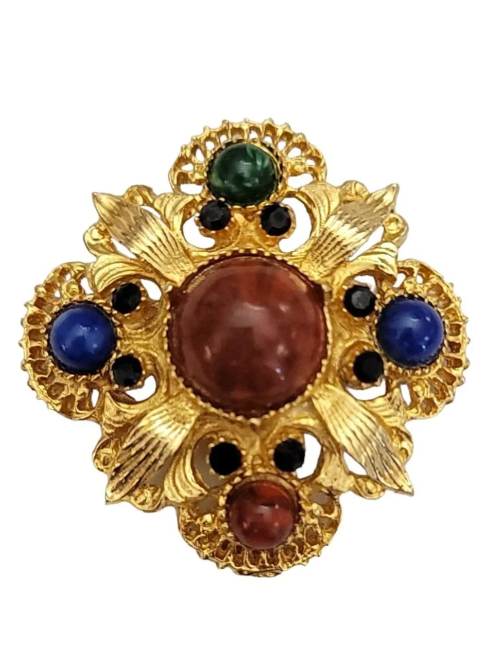 Gold Tone Maltese Cross Lucite Cabochon Brooch Designer Style M820
